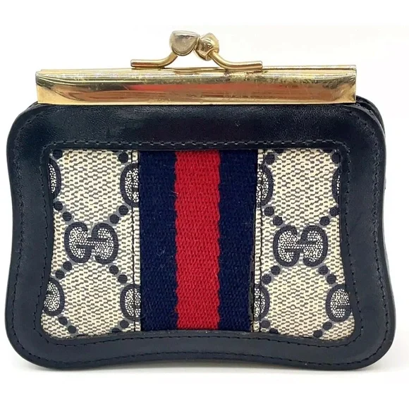 Auth Gucci GG Canvas Navy Blue Sherry Line Coin Case /Wallet W/Box - Picture 3 of 15